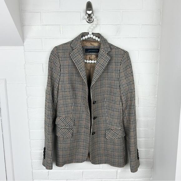 Zara Wool Blend Brown Houndstooth Knit Blazer Jacket Size XS - Picture 2 of 10